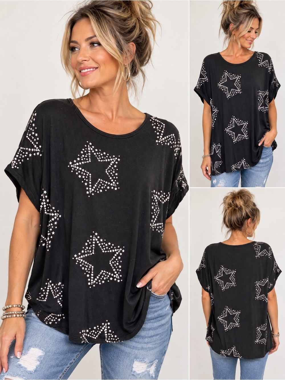Buffalo David Bitton Oversized Star Dolman Top Black M